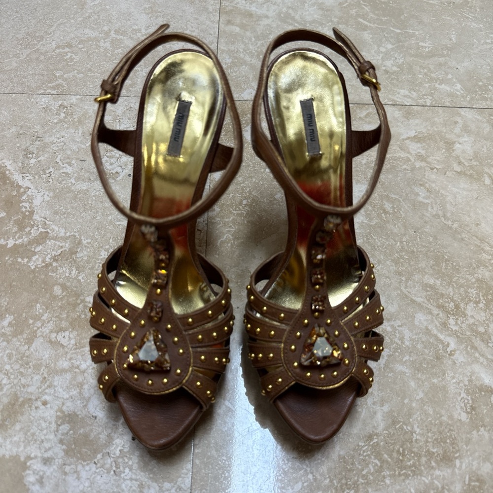 Miu Miu Brown and Gold Heels with Crystal Embellishments